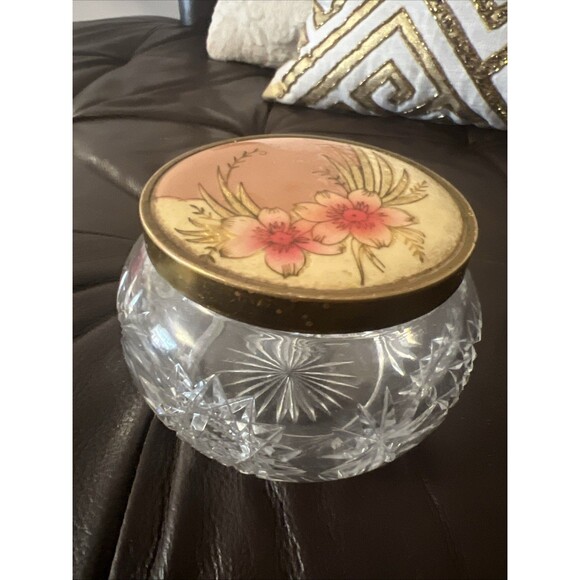 Vintage Cut Glass VanityPowder Jar with Hand-Painted Floral Metal Lid 1930’s - Picture 1 of 7